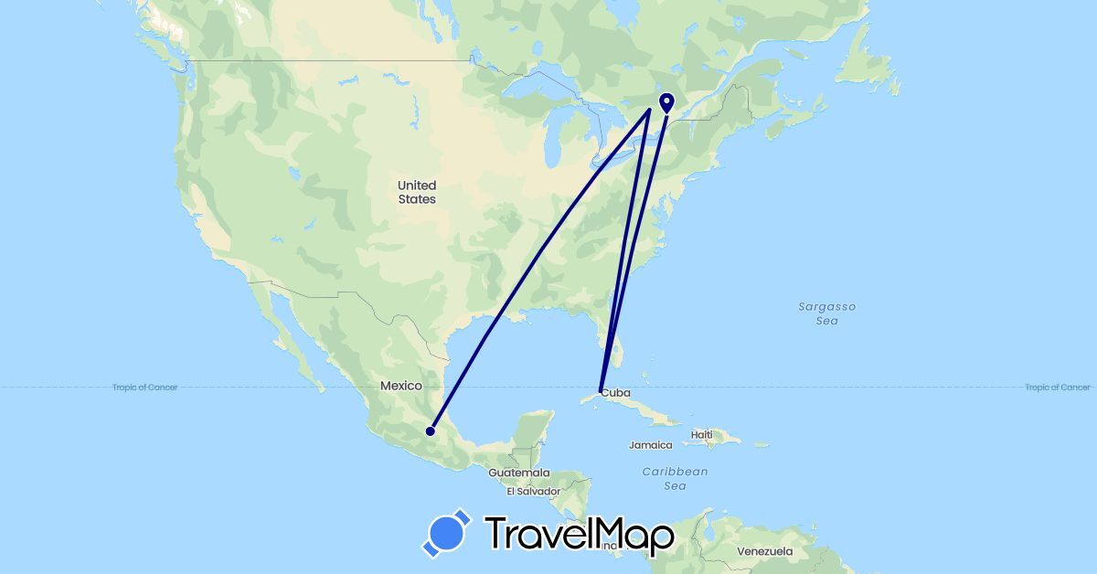 TravelMap itinerary: driving in Canada, Cuba, Mexico (North America)